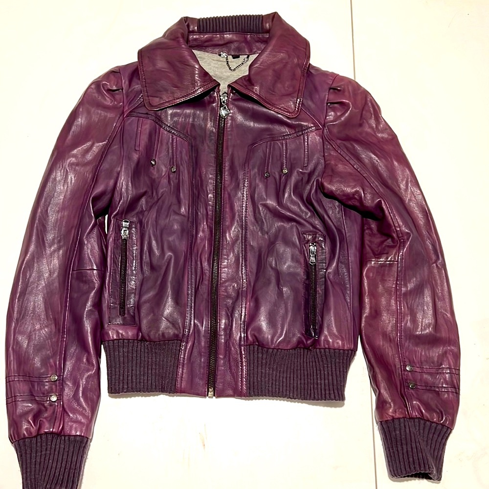 Guess Purple Leather Boho Moto Biker Bomber Jacket Small